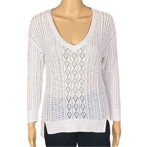 WHITE HOUSE BLACK MARKET white mixed open knit V-neck hi/low sweater Small EUC